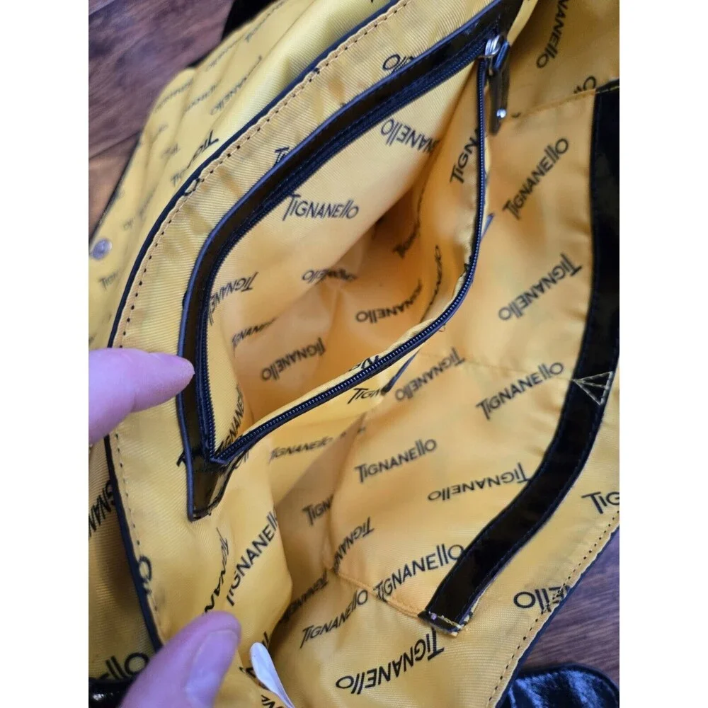 Tignanello Messenger Shoulder Bag Black Yellow Interior Laptop Computer Purse
